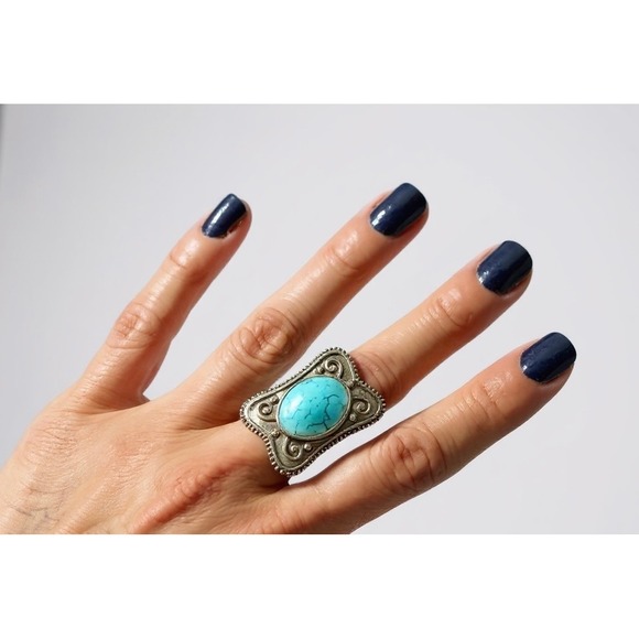 Jewelry - Beautiful! Turquoise Oval Statement Ring Silver Tone Boho Women's Adjustable